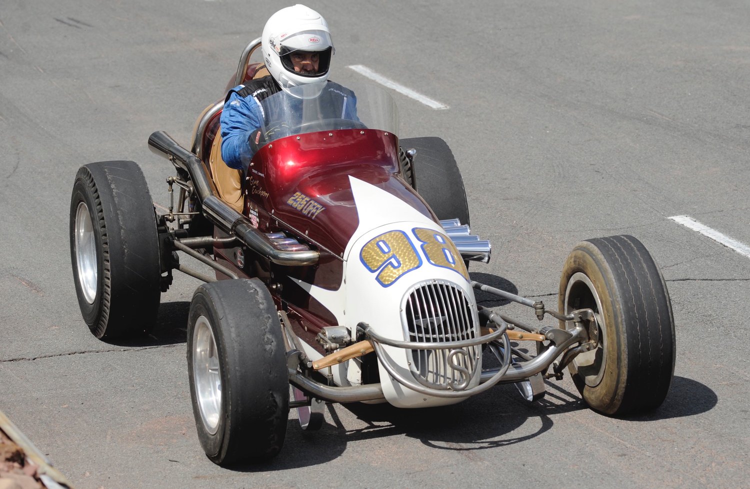 Vintage speed. Keith Majka in #98 takes a few hot laps at Bethel Motor Speedway.